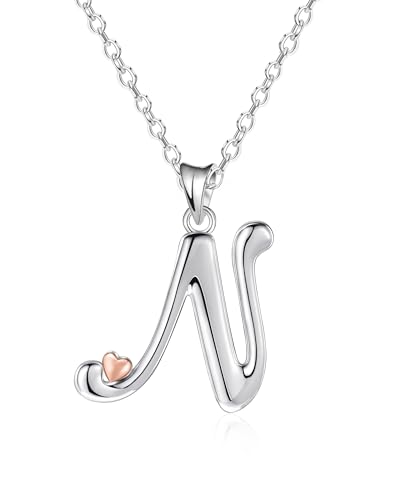 Mesovor 925 Sterling Silver Necklaces for Women, Dainty Initial Name Necklace with Rose Gold Heart, Jewellery Gifts for Family Mother Sister Daughter Wife (Letter-N)