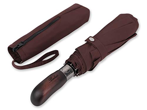 Balios® (Designed in UK) Travel UmbrellaReal Wood HandleAuto Open & CloseVented Windproof Double CanopyMen's & Ladies (DARK BROWN with REAL WOOD HANDLE)