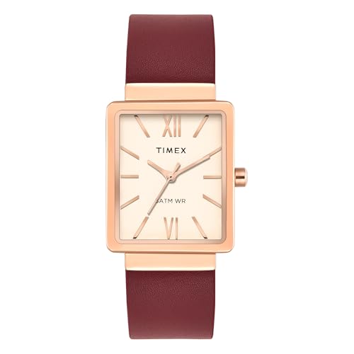 TIMEX Analog Watch for Woman with Rose Gold Rectangle Dial & Red Leather Strap Band Water Resistant Women's Wrist Watches - TWEL20708