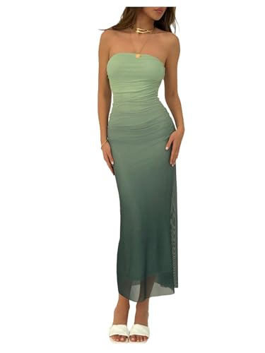 Image of GORGLITTER Women's Sunset Ombre Strapless Cocktail Bridal Shower Midi Dress | Orange Wedding Guest Dress, Mesh Tube Dress, Bridesmaid Dresses, Vacation Beach Sundresses,