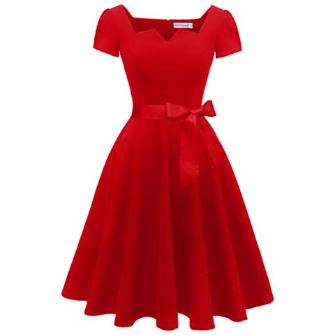 Girstunm Women's Classic Tea Dress Short Sleeve Swing Cocktail Party Dresses with Pockets Red L New Cover