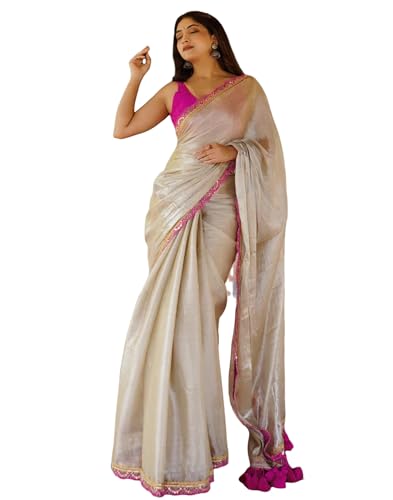 Image of SIRIL Women's Shimmer Net Lace Border Dual Tone Saree with Unstitched Blouse Piece