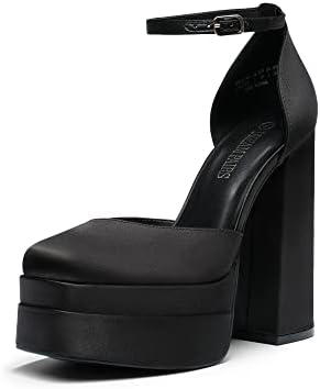 DREAM PAIRS Women's SDPU2319W Pointed Toe High Chunky Heels Pump Shoes, Size 8, Black Satin