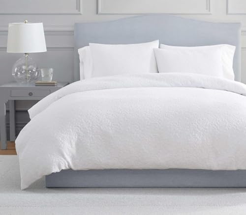 Image of Martha Stewart - King Comforter Set, Naturally Soft Cotton-Rich Jacquard Bedding w /Matching Pillowcases, Textured 3 Piece Bed Set (Garden Trellis White)