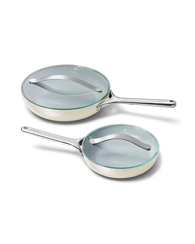 Caraway Ceramic Fry Pan Duo with Glass Lids - Non-Stick Frying Pans (10.5” & 8”) - Non Toxic, PTFE & PFOA Free - Oven Safe & Compatible with All Stovetops – Cream
