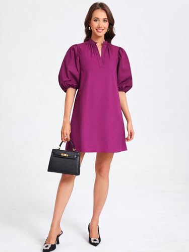 Image of EZAPINE Women Babydoll Mini Dress Summer Casual Cotton V Neck Puff Lantern Sleeve Loose A Line Cute Dress