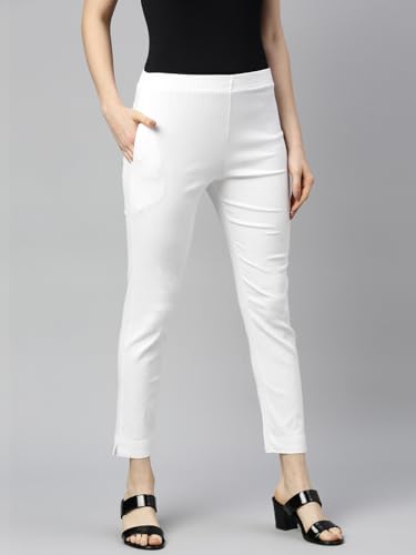 Image of MINELLI Women Solid Cigar Pants, Cotton Lycra Slub Fabric, Elasticated Waistband, Pull On Style, Regular Fit Bottom Wear for Western and Ethnic Wear