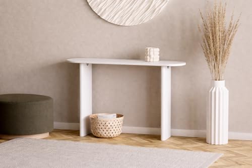 Image of Furniture Modern Solid Wood Console Table with Rounded Edges, Natural Finish, Minimalist Scandinavian Style Entryway Furniture (Style 1, White, 115x30x80 cm)