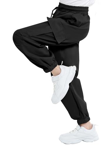 Image of JiAmy Girls Cargo Pants Elastic High Waist Drawstring Pants Jogger Trousers Casual Loose with Pockets 6-14Y