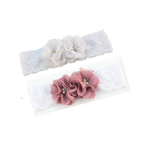Baby Girls Lace Headband with Double Chiffon Flowers Pearl Hairband Headwrap JA68 (2 Pcs-Set B)