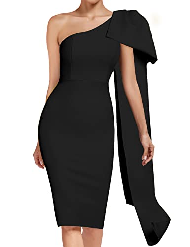Image of UONBOX Women's One Shoulder Bowknot Long Sleeve Bodycon Knee Length Club Party Bandage Dress