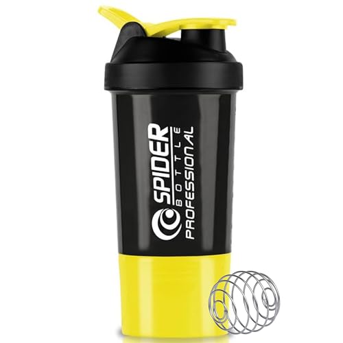 Image of Zyro Spider Gym Shaker Bottle, Shakers for Protein Shake 500 Ml with 1 Storage Compartment Gym protein shaker for workout (Pack of 1,Yellow)