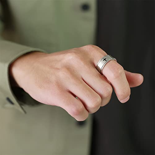 Spinner Cross Rings for Men, Silver/Black Anxiety Fidget Rings Men, Mens Rings Stainless Steel for Stress Relieving, Promise Ring for Women Size 6-123