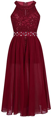 iiniim Robe de Cérémonie Princesse Longue Enfant Fille Mousseline Dentelle sans Manches Robe de Danse Justaucorps Danse Classique Ballet Latine Grande Taille Été 6-14 Ans Bourgogne 14u00a0Ans