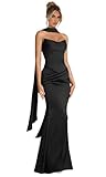 Dymaisei Strapless Bridesmaid Dresses Long with Scarf Satin Corset Prom Dress Long Pleated Formal Evening Gowns Black 2