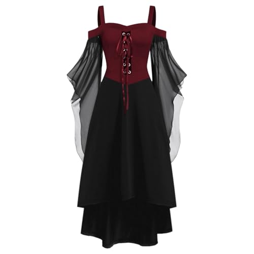 Vestido de vampiro gótico para mujer, hombros descubiertos, vestido midi medieval para mujer, manga murciélago, malla, patchwork, vestido de bruja con cordones, vestido de fiesta retro para Halloween