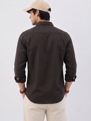 Image of Men's Brown Linen Casual Full Sleeve Shirt with Chest Pocket