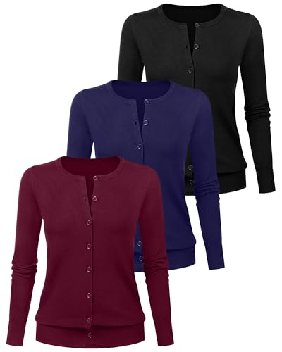 Riyiper 3 Pack Women's Lightweight Cardigans, Long Sleeve Crewneck Knit Cardigan Sweaters Casual Button Down Stretch Tops2