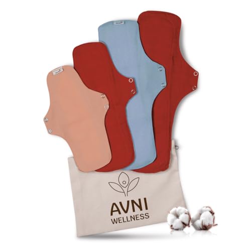 Image of Avni Lush Reusable Cloth Sanitary Pads for Women Regular size | 4 pads | Superabsorbent Heavy Flow Sanitary Pads | Organic Cotton Sanitary Pad | Antimicrobial Laboratory Tested, Chemical-Free | Patented Design | Lasts 3 years | Full cycle pack of 4 with Cloth Storage Pouch | 240 mm