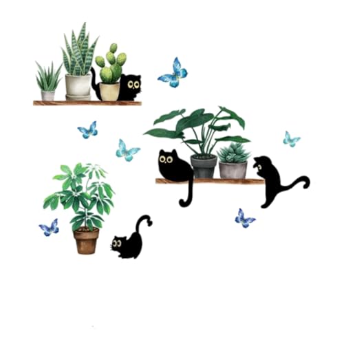 Vinilo decorativo adhesivo gato negro y planta suculenta