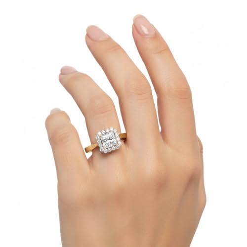 Image of Choose Your Gemstone Floating Halo Diamond CZ Ring Yellow Gold Plated Princess Shape Halo Engagement Rings Everyday Jewelry Wedding Jewelry Handmade Gifts for Wife US Size 4 to 12