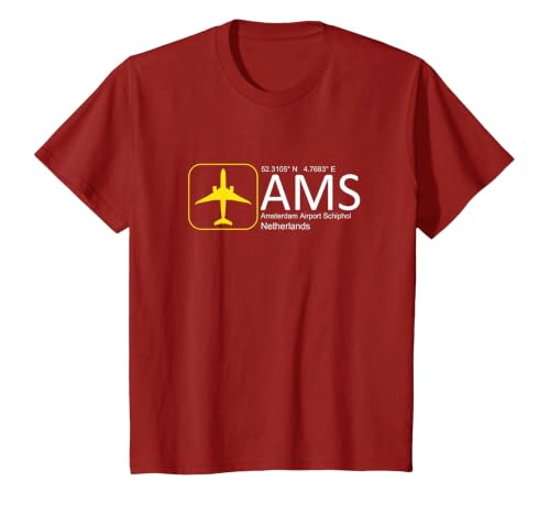 Amsterdam Airport Schiphol International Airport Tee T-Shirt, Youth, Cranberry Red, Small
