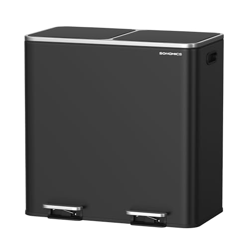 Image of SONGMICS Trash Can, 2 x 10.6 Gallon (2 x 40 L), Black | With 15 Trash Bags, 2 Compartments, Plastic Inner Buckets and Hinged Lids, Airtight, ULTB730B80