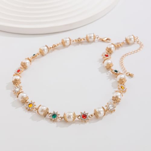 IOETSEUT Damen Halskette Schwester Halskette Elegante Imitation Perle Perlen Kette Halskette für Frauen Halsband Ehe Braut Goth Strass Halsband Party Schmuck Geschenke Neue Mädchen Geschenke