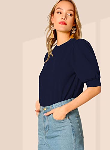Image of Dream Beauty Fashion Women's Puff Sleeve Round High Neck Top Balloon Bishop Sleeve Elegant Casual Tee (23 inch Inches)- (Top Sofia P)