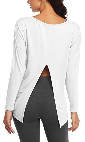 Image of Women's Gym Long Sleeve T Shirts Cute Workout Clothes Crewneck Cross Wrap Top White, Large