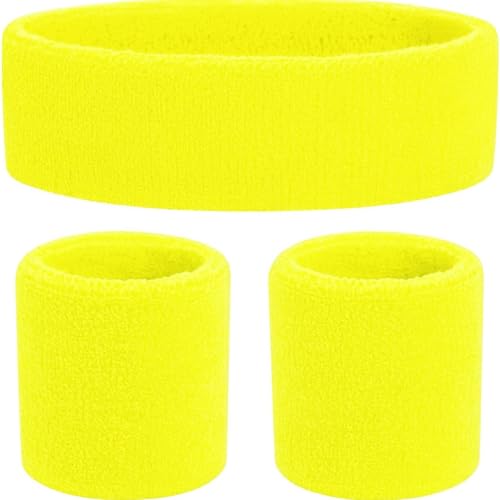 TK Gruppe Timo Klingler Conjunto de pulseiras amarelas 3 em 1 com faixa de cabeça, como acessório para disfarce Vokuhila para fantasia retro de néon dos anos 80 e 90, para carnaval (conjunto de banda para o
