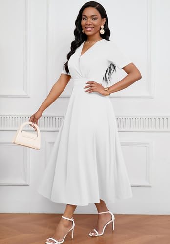 Image of MarryUP Women's Midi Dresses - V Neck Cocktail & Church Tea Dresses - Short Sleeve A-Line Swing Dress