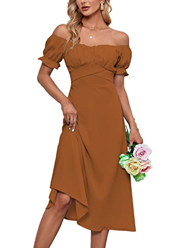 Image of LYANER Women's Off Shoulder Wrap Ruffle Puff Short Sleeve Ruched Tie Back Dress