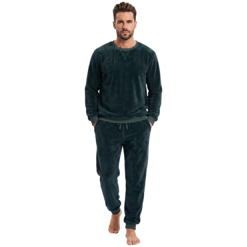 Vulcanodon Mens Fleece Pajama Set Warm Plush Pajamas for Men Long Sleeve Sleepwear Cozy Loungewear with Pockets Crew Neck 2 Piece Set(Dark Green L)