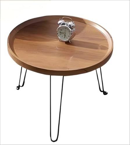 Mesa de centro redonda plegable, 40/50/60 cm de diámetro, madera color tronco con patas de metal, altura 38/48 cm