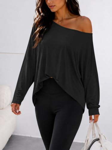 Womens Off The Shoulder Tops Long Sleeve Oversized Workout Flowy T Shirts - image 3