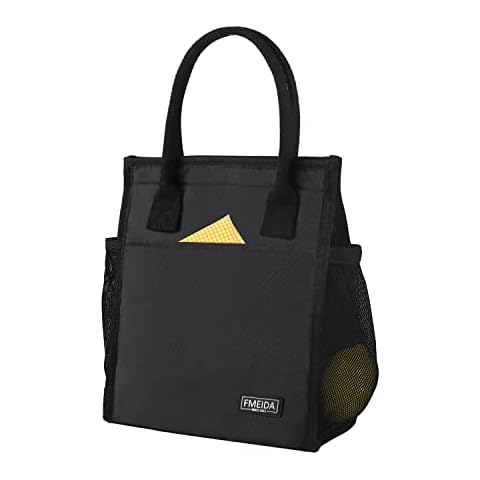 Fmeida Lunch Bag, Insulated Lunch Bag Women, Small Lunch Bag, Thermal Black Lunch Bag with Side&Interior Pockets, Reusable Adult Lunch Tote Bags for Women Men Office Work College Beach Travel Cover