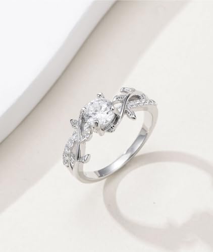 Moissanite Leaf Engagement Ring 18K White Gold Plated 925 Sterling Silver Moissanite Twisted Promise Ring Size 72