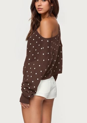 Off The Shoulder Polka Dot Fall Sweater for Women Oversized Long Sleeve Crop Knit Sweaters Boat Neck Casual Pullover3