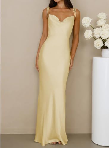 Image of 2026 Satin Cowl Neck Spaghetti Strap Maxi Dress for Women Bridesmaid