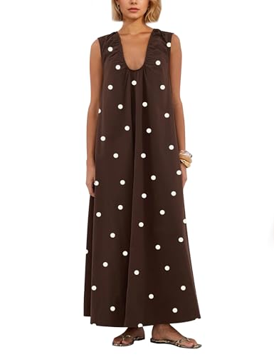 Image of OLAPTA Women Summer Sleeveless Maxi Dress Scoop Neck Ruched Loose Fit Casual Elegant Solid Vacation Long Dress with Pockets