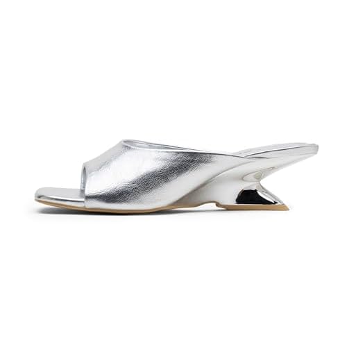 Vepose Women's Heeled Sandals, Comfortable Cute 2 Inch Sculptural Low Chunky Block Heels, Sexy Square Open Toe Slip on Sandals for Wedding Prom Party Elegantes Sandalias, 6112 9 Silver