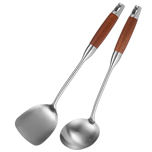 Evzvwruak Espátula de acero inoxidable para acero al carbono, espátula de wok de acero inoxidable, juego de herramientas wok, mango de madera, cucharón de sopa duradero, fácil de usar