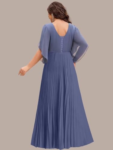 Women's 3/4 Sleeve Ruffles Mother of The Bride Dresses Lace Applique Pleated Formal Party Dress DE5694