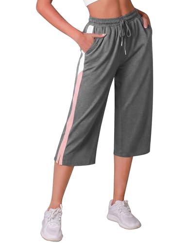 iClosam Pantalones Chándal Mujer Deporte 3/4 Capri Pantalón Verano Pantalón Deportivos Mujer con Bolsillos Cordón Capri Pantalones para Yoga Fitness Correr Jogging Gris L