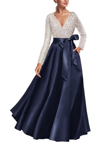 Dark Navy Long Sleeves Prom Dresses for Women Sequin Floor Length V Neck Elegant Formal Evening Party Gowns Satin A Line Petite Classy Wedding Guest Dresses US4