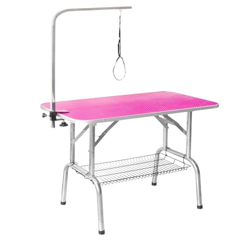 リミングテーブル 折りたたみ トリミング台 大型犬 中型犬 小型犬 グルーミングテーブル 折畳機能 静電気防止 トリミングアーム トリミング用 (96*56*78cm,ピンク)