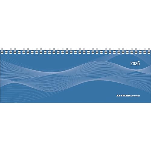 Zettler Calendario de mesa horizontal profesional azul 2026 – Calendario semanal de 30 × 11 cm, 1 semana/2 páginas, con hoja de notas y resumen del año, división de tiempo 8 – 21 horas, mensual