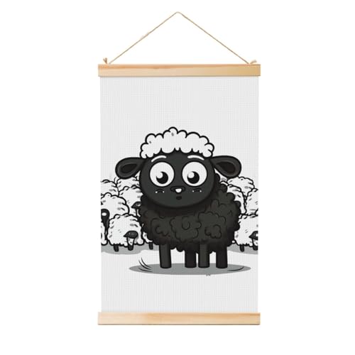 Poster mouton noir et blanc avec cintre en bois pour habiller un grand mur vide sans encadrement