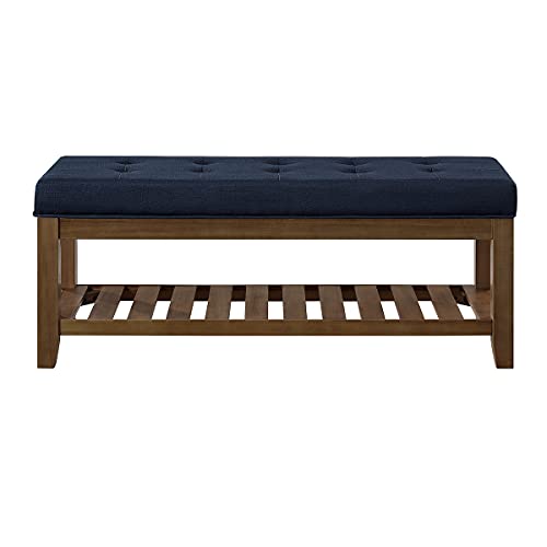 24KF Large Rectangular Upholstered Tufted Linen Fabric Ottoman Bench, Padded Bench with Solid Wood Shelf-Navy Blue by 24KF - Image 3